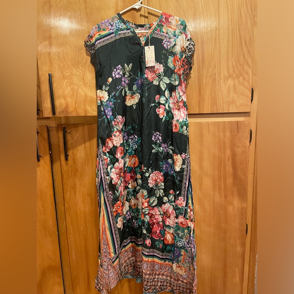 Johnny Was Black Floral Maxi Dress with Pink, Red and Green Accents